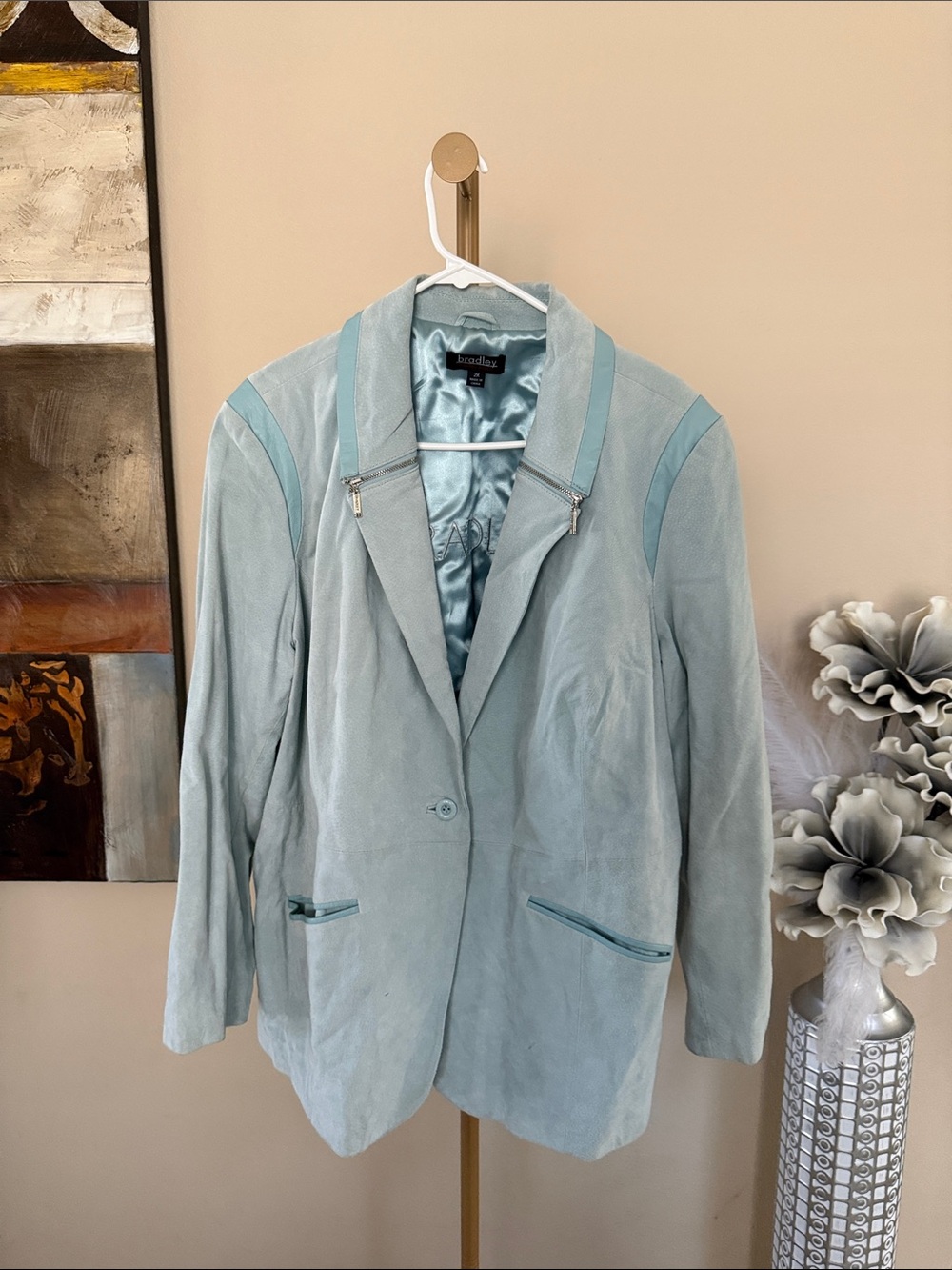 Vintage Light Blue Suede Single-Button Blazer